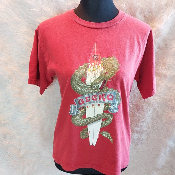Vintage Gecko Hawaii Youth Size Red Graphic Dragon & Surfing Board T-Shirt Y-L - Picture 1 of 8